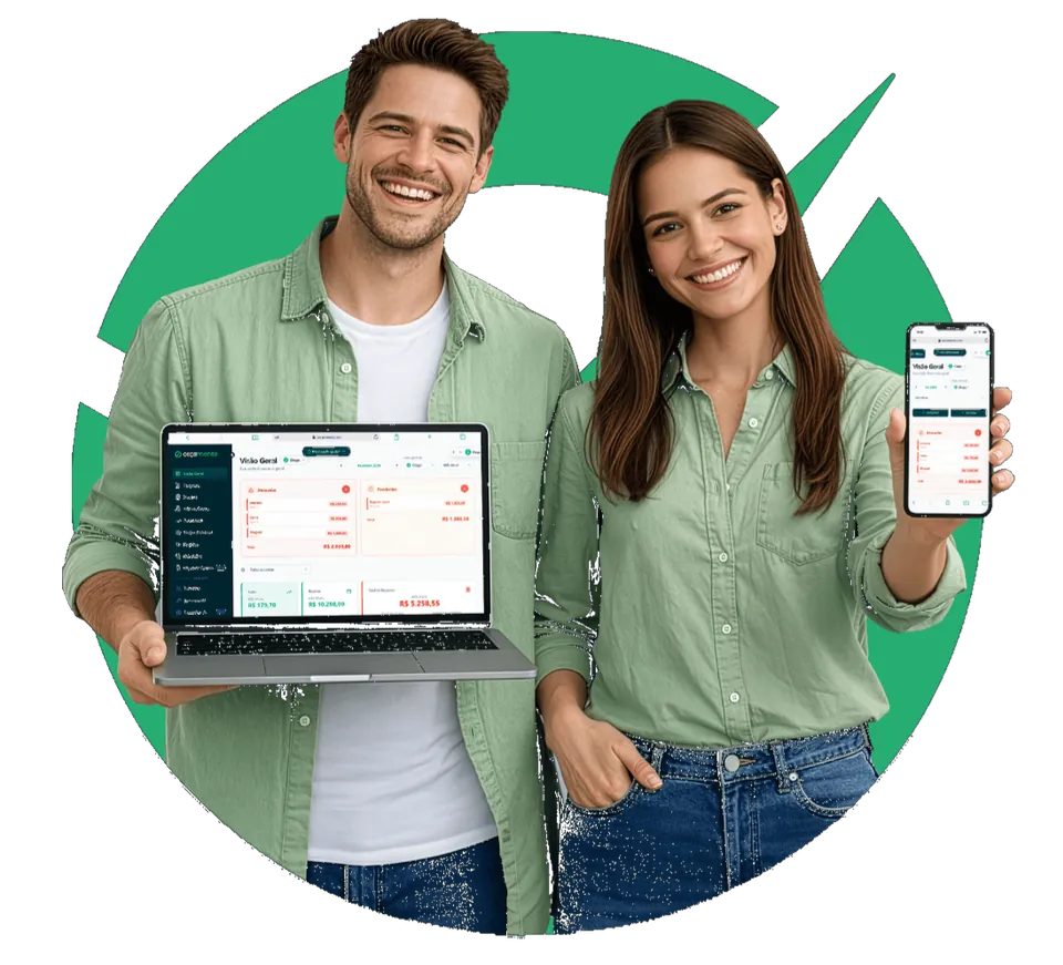Casal usando Orçamente no computador e celular
