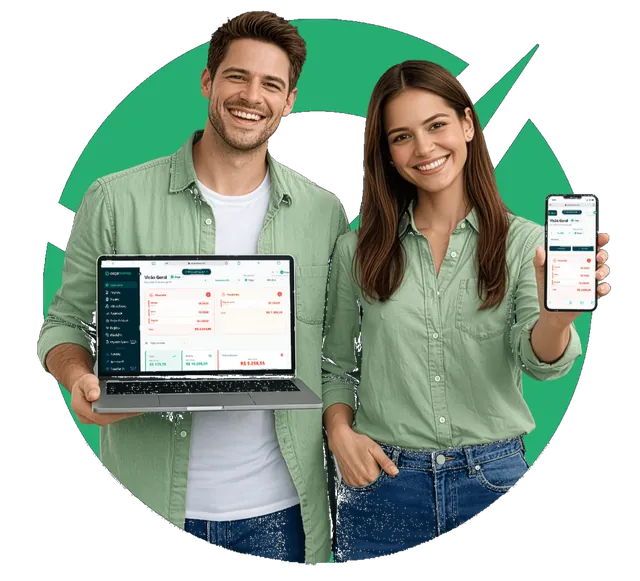 Casal usando Orçamente no computador e celular