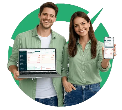 Casal usando Orçamente no computador e celular